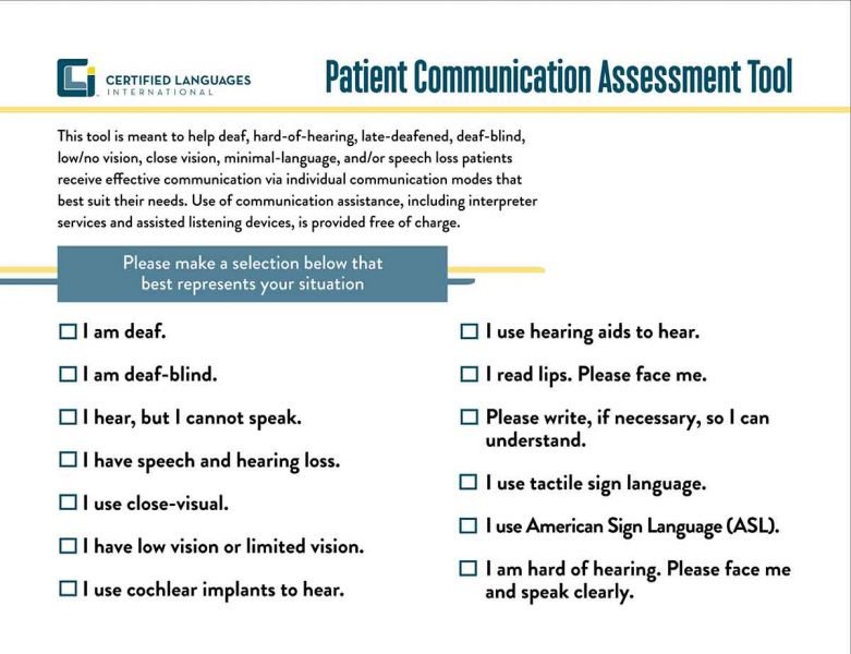 A card with check boxes that empowers patients and clients to state how they communicate with how much they can see and hear.