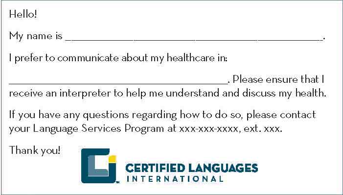 An example of an I Speak Card created by Certified Languages International (CLI).