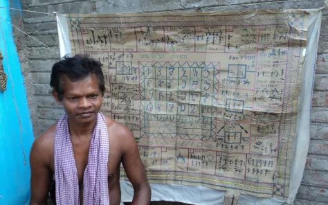 Indian man stands in front of a handwritten alphabet for language preservation.