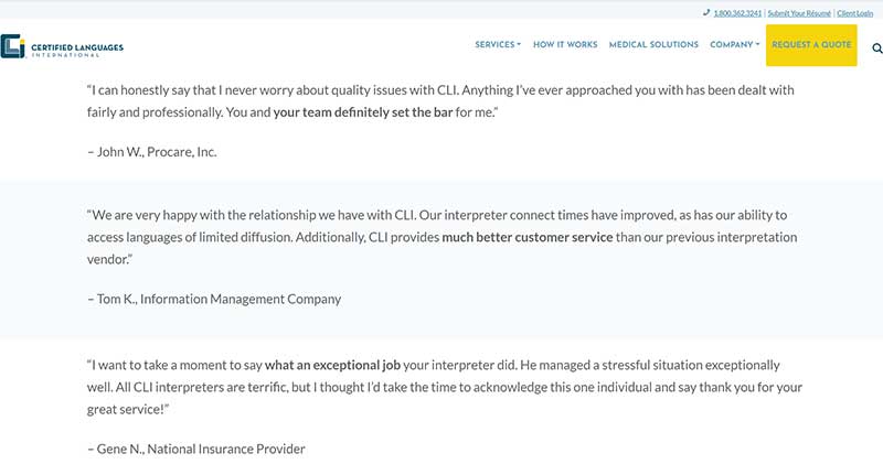 Part of Certified Languages International's testimonial page on their website