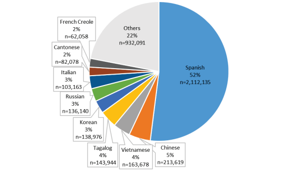 A pie graph showing the languages spoken by Medicare beneficiaries in 2017, from most to least spoken: Spanish, Chinese, Vietnamese, Tagalog, Korean, Russian, Italian, Cantonese, French Creole, and Other.