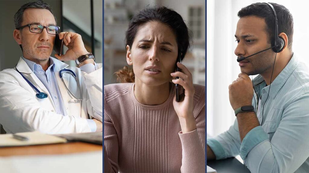 An interpreter uses tone matching while on a phone call with a doctor and a patient with a non-English language preference.