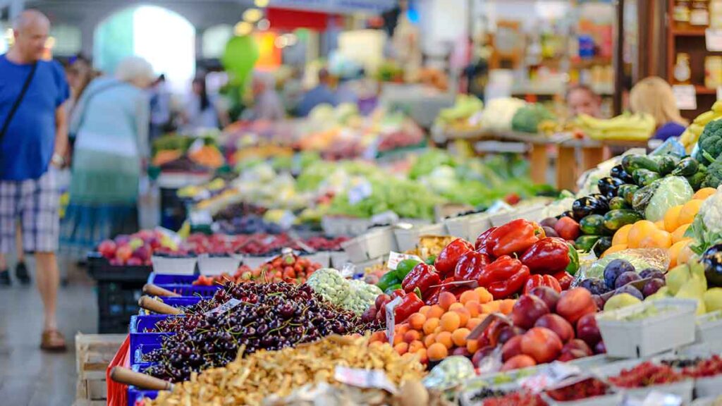 Fruits and vegetables on display to purchase at farmers market