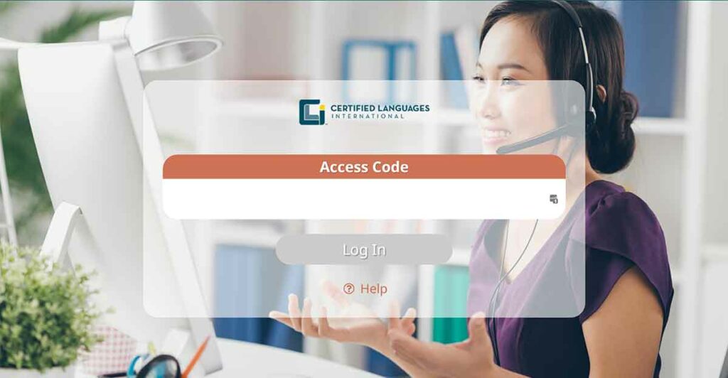 The login screen of CLI's new video remote interpreting (VRI) platform. It shows a smiling female VRI interpreter with a field for an access code to log in.