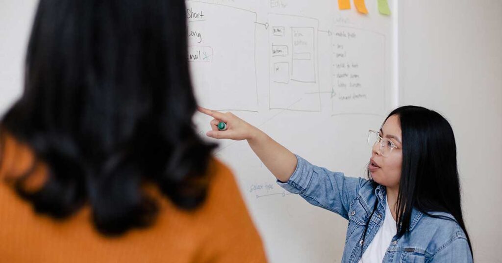 Woman working on a whiteboard teaching another woman a language