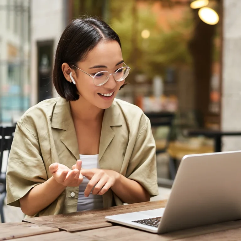 A certified ASL interpreter signs for a video remote interpretation session conducted on a laptop.